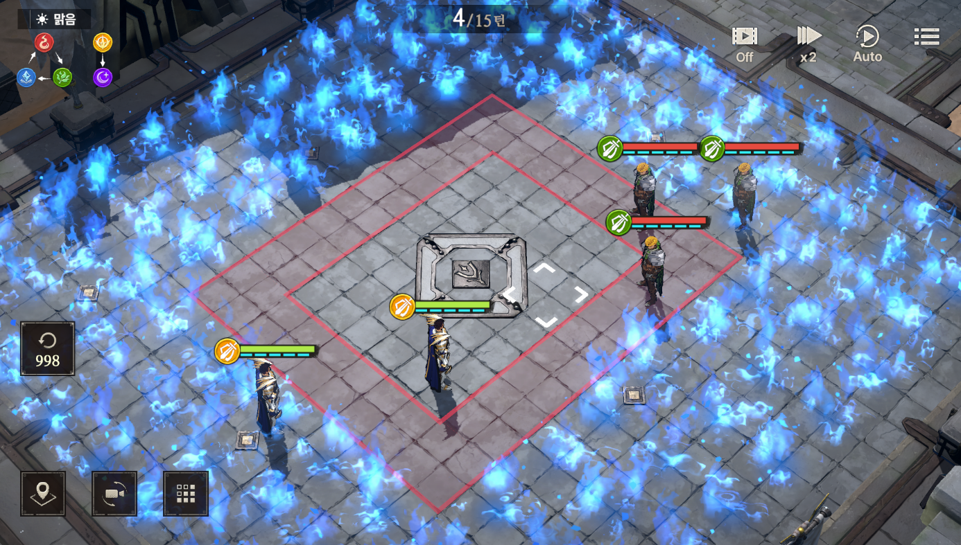A live Real-Time Arena friendly match: a turn-limited bounded arena with two teams facing off